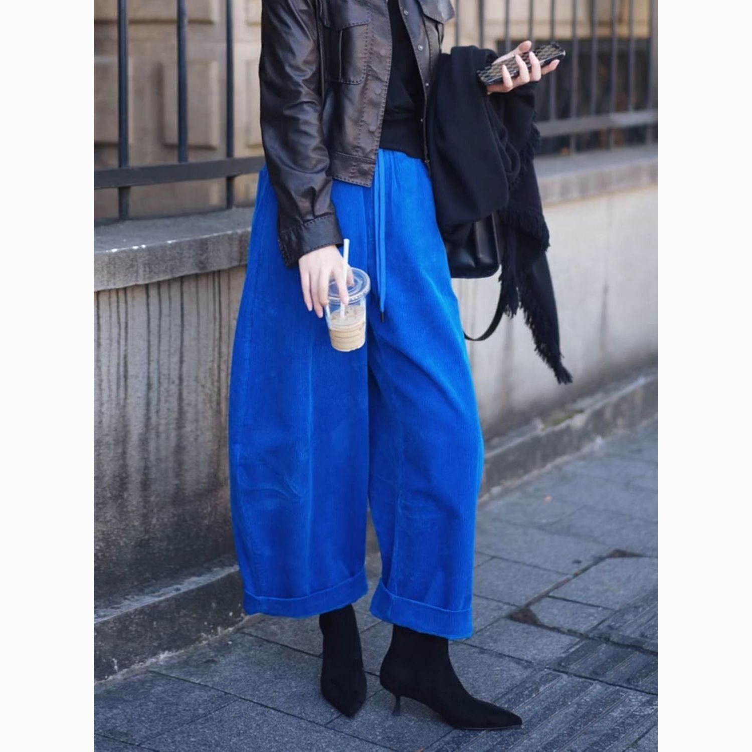 蓝色阔腿裤子女秋冬季2025新款高端轻奢宽松垂感直筒休闲裤