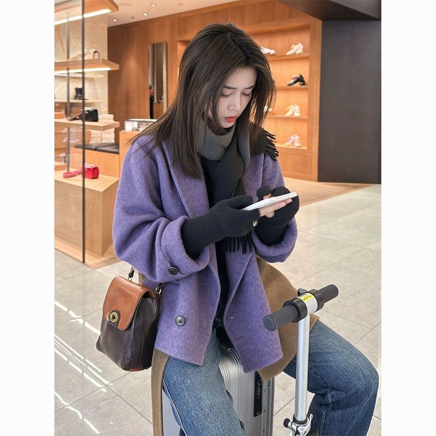 韩系秋冬气质女士高级感洋气上衣高端大气上档次香芋紫毛呢外套女