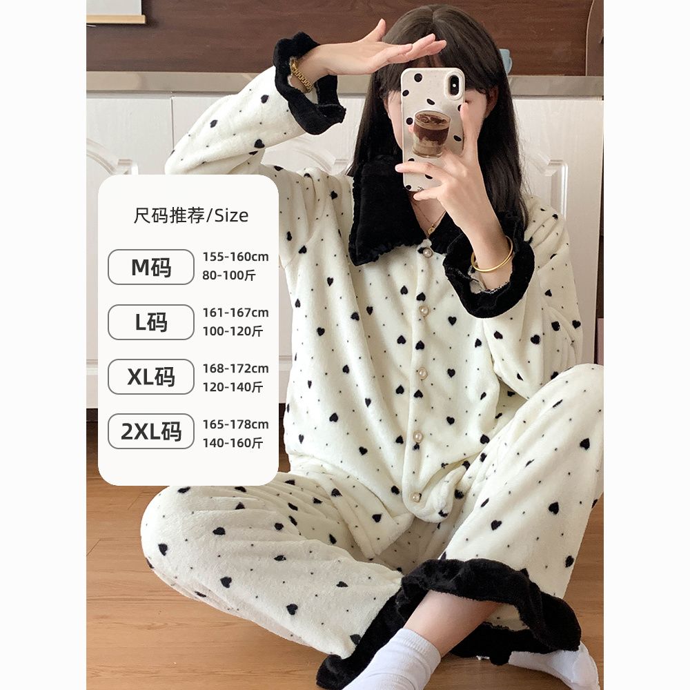 小红书爆款珊瑚绒宽松简约休闲黑色桃心翻领法兰绒可爱家居服