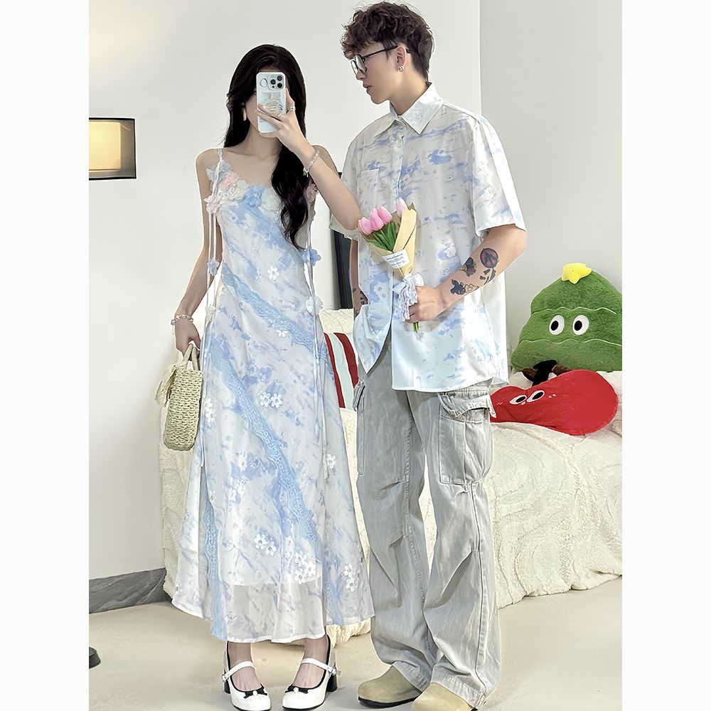 [买一送一]小众设计感情侣装夏季2025短袖衬衫男女连衣裙一衣一裙