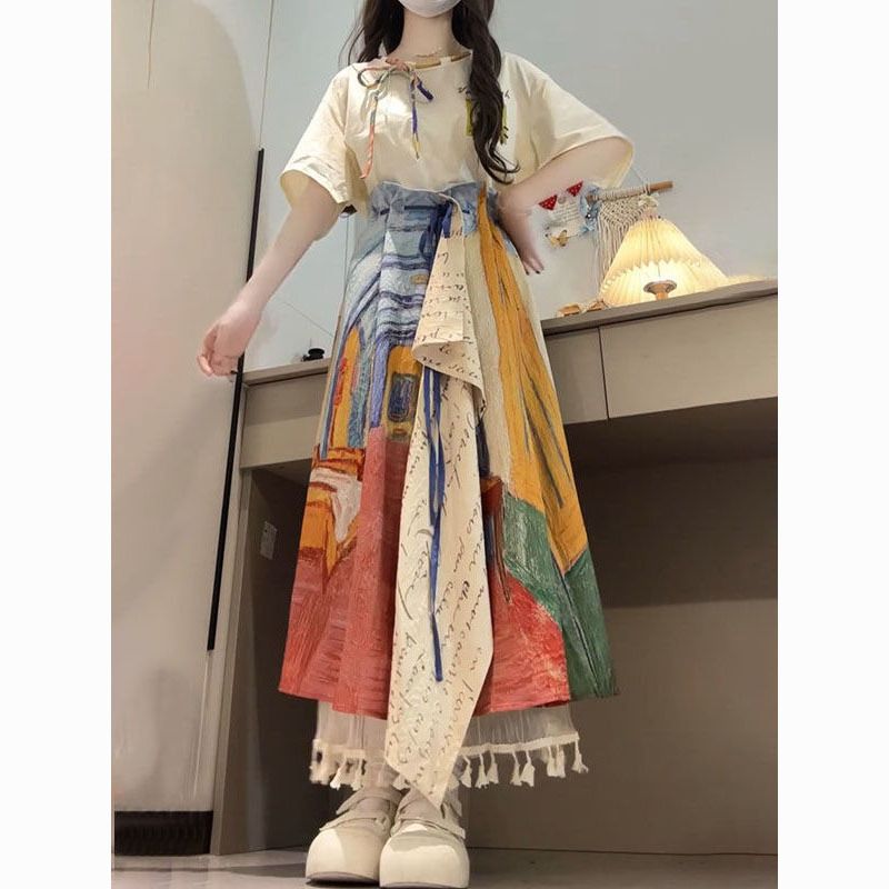 法式复古梵高油画风不规则半身裙女搭配艺术感短袖上衣夏季两件套【3月27日发完】