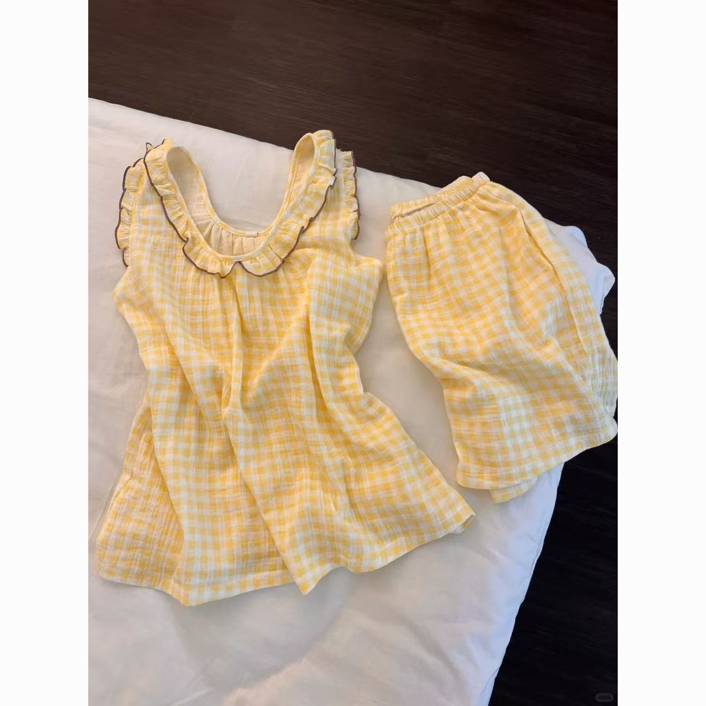 黄格子吊带吊带短袖短裤睡衣女夏季新款风可爱日系卡通家居服