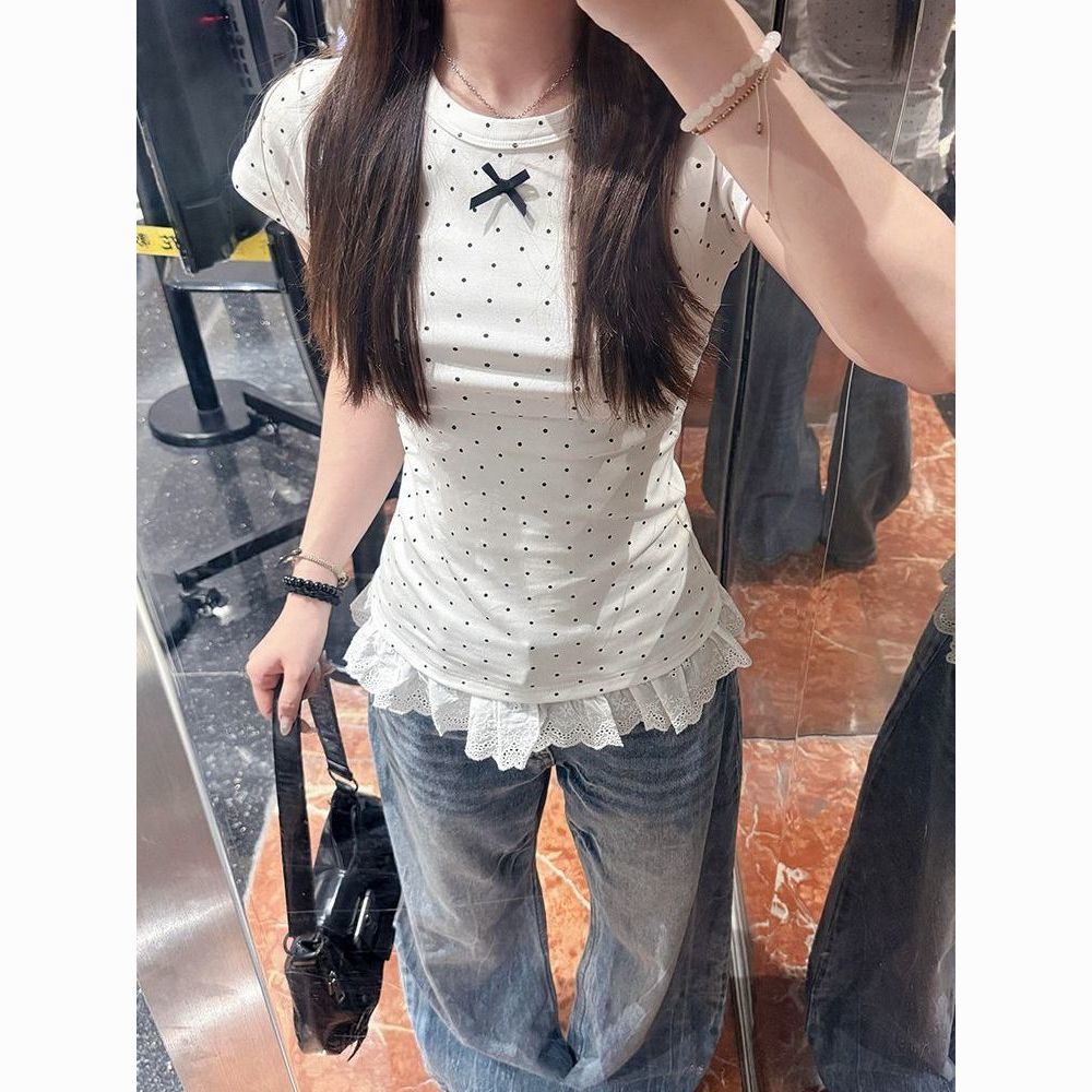 美式复古花边波点短袖t恤女夏季2026新款小众设计感修身韩系上衣