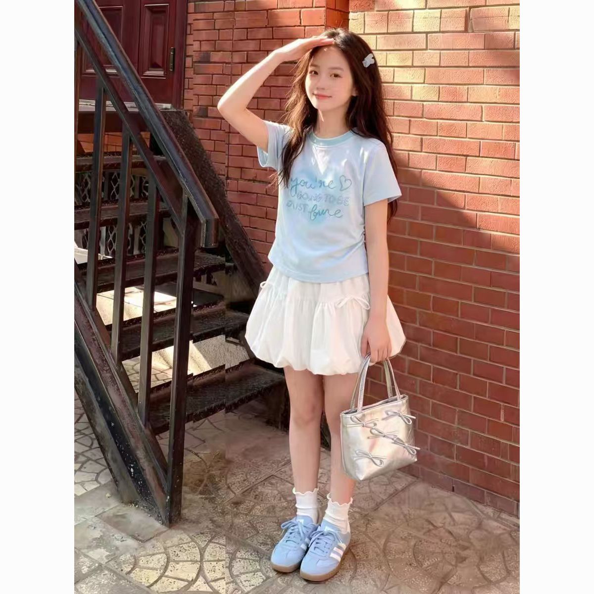 女童夏季2026中大童新款儿童多巴胺夏装套装短袖配花苞裙两件套 图片 3