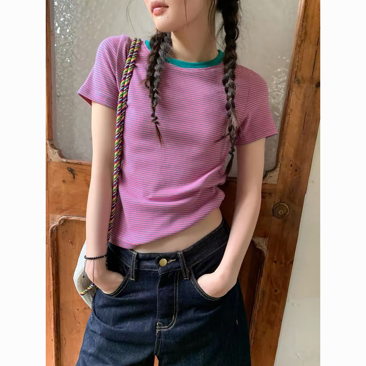 多巴胺条纹短袖T恤女夏季韩系修身显瘦小个子正肩圆领百搭上衣潮
