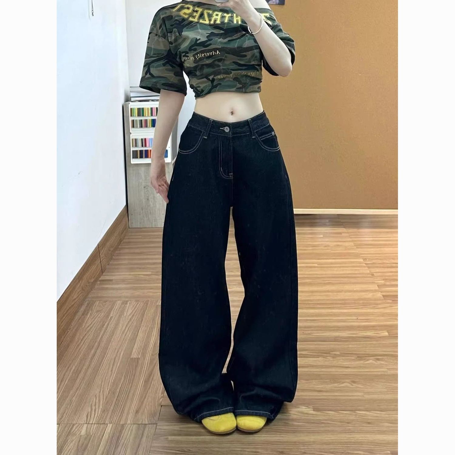 星星字母印花牛仔裤男西海岸美式裤子高街vibe宽松显瘦直筒弯刀裤 图片 3