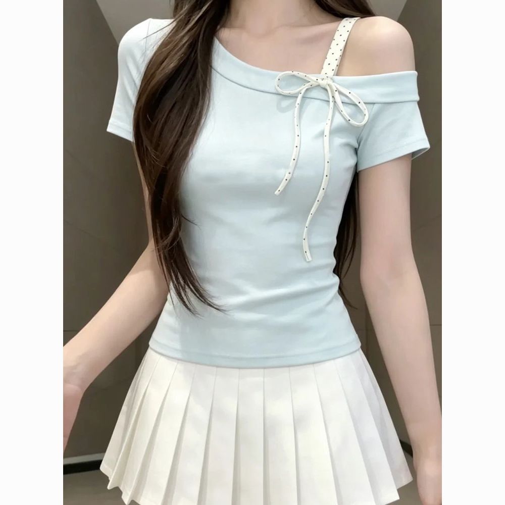 韩系复古蝴蝶结斜领露肩T恤女蓝色修身显瘦休闲百搭时尚短袖上衣