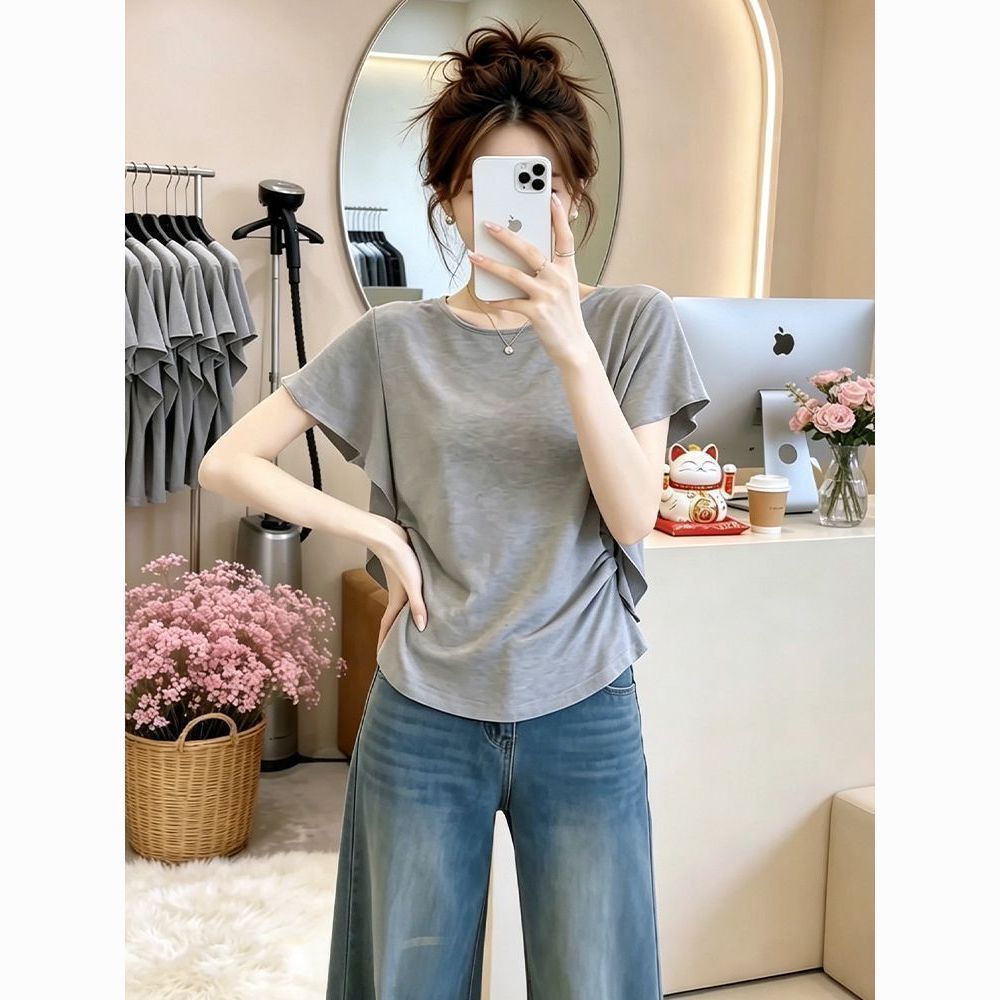 大码不规则荷叶边短袖t恤女夏季新款胖mm宽松显瘦遮肉洋气上衣女