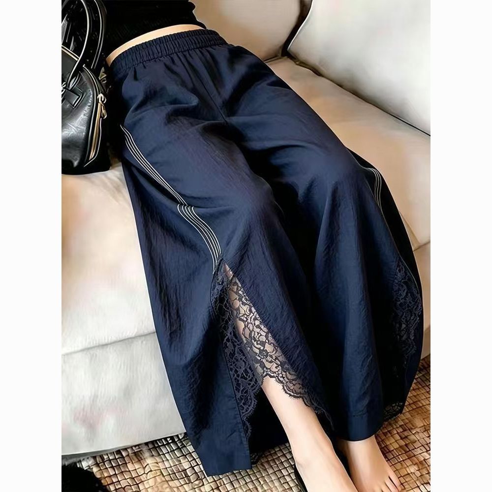 深蓝蕾丝拼接阔腿裤显瘦百搭独特巨好看胖mm小个子休闲宽松裤子女