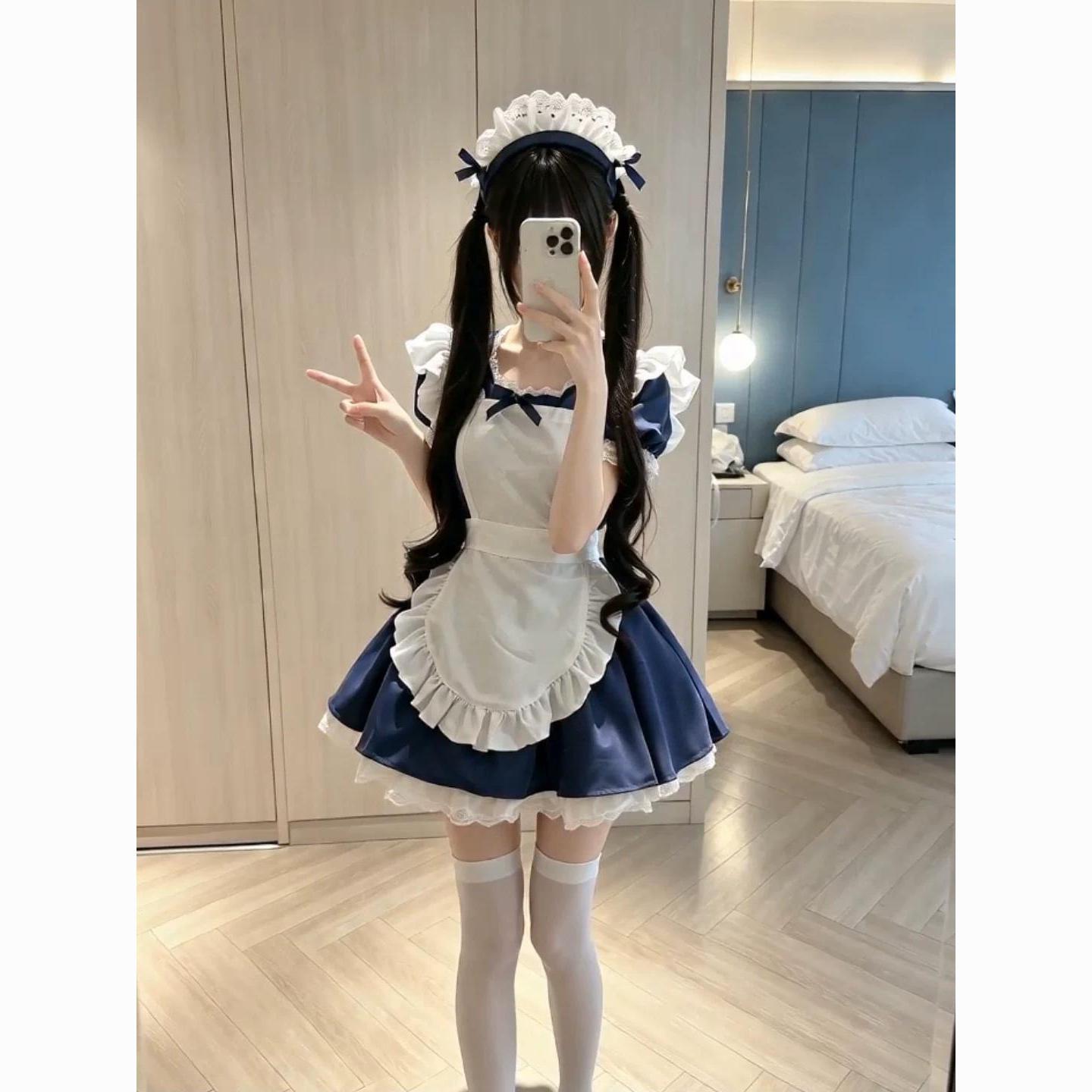 甜美天使女仆装可爱软妹绀色少女cos女佣装洛丽塔lolita连衣裙