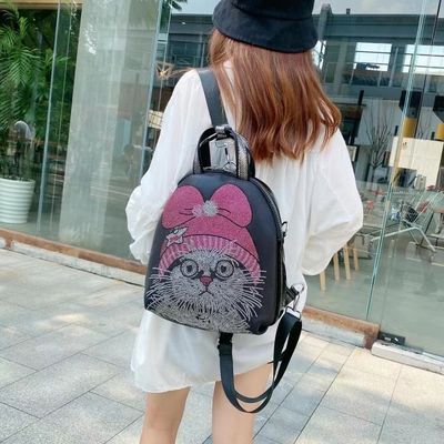 上新烫钻卡通猫女士双肩包手提单肩斜挎三用包包可爱特色旅行女包