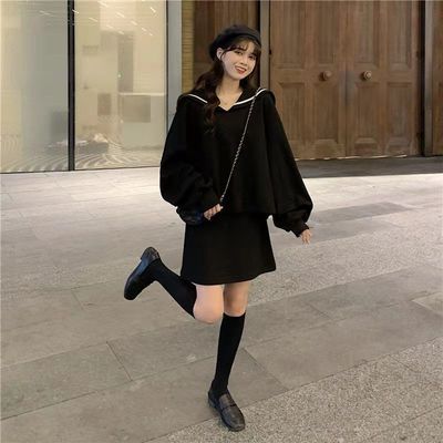 76099/海军领卫衣套装女2021秋冬新款宽松韩版简约时尚休闲两件套背心裙