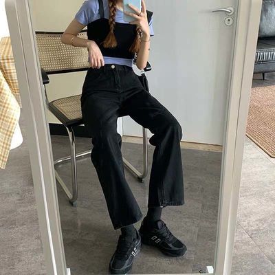 64915/大码黑色牛仔裤女2021年秋冬破洞新款直筒裤宽松高腰显瘦长裤潮