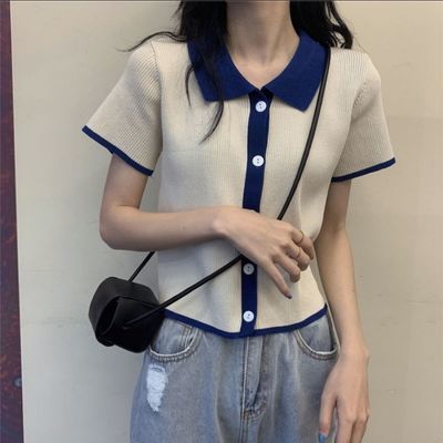 72204/01撞色港味学院风排扣短袖针织开衫上衣女夏季2021学生休闲风POLO