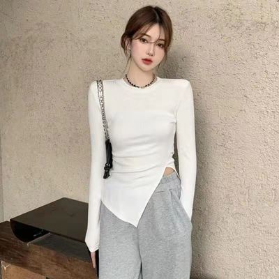 75485/大码胖MM不规则打底衫女秋冬长袖洋气2021春秋新款内搭上衣T恤女~