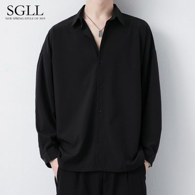 75097/男士衬衫韩版潮流痞帅气高级感DK衣服秋季休闲外套立领长袖黑衬衣