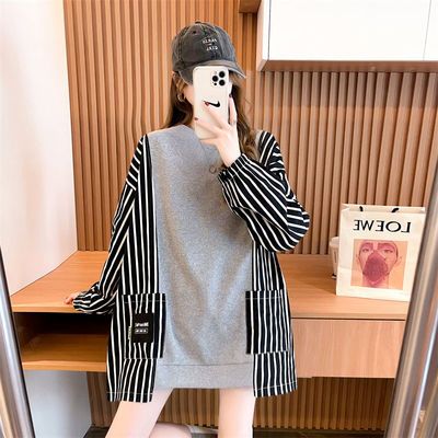 75018/秋季假两件拼接条纹韩版卫衣女中长款宽松长袖上衣设计感小众外套