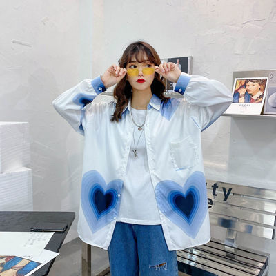 62310/2021超火爱心桃秋季新款长袖衬衫女宽松韩版薄款百搭衬衣少女装潮