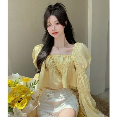 66363/泡泡袖衬衫女秋季薄款小个子方领衬衣甜美长袖短款法式一字肩上衣