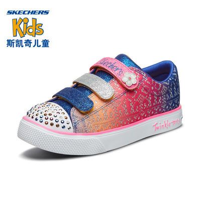 131629/Skechers斯凯奇女大童时尚闪钻闪灯低帮轻质魔术贴缓震休闲鞋