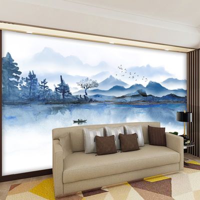 新中式18D客厅电视背景墙布水墨山水画流水生财影视墙纸定制壁画