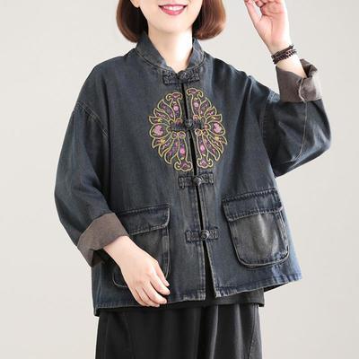 73314/2021新款韩版宽松文艺复古刺绣盘扣立领牛仔外套女秋季新款