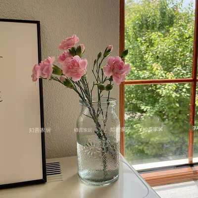 ins风法式复古浮雕玻璃透明花瓶北欧风插花鲜花干花玫瑰客厅装饰