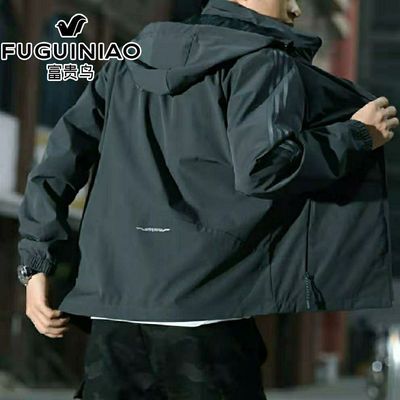 92628/富贵鸟运动风衣男士单衣连帽外套宽松大码加肥休闲套里上衣灰黑色