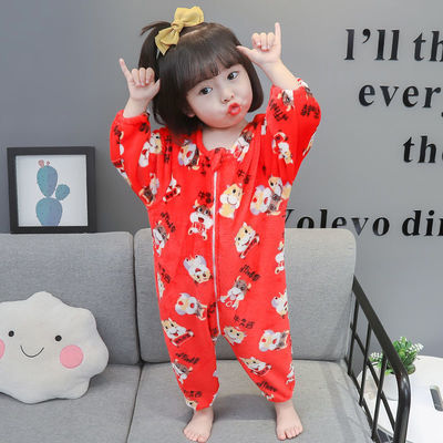 91052/儿童睡袋秋冬季法兰绒宝宝连体睡衣春秋小孩家居服婴儿分腿防踢被