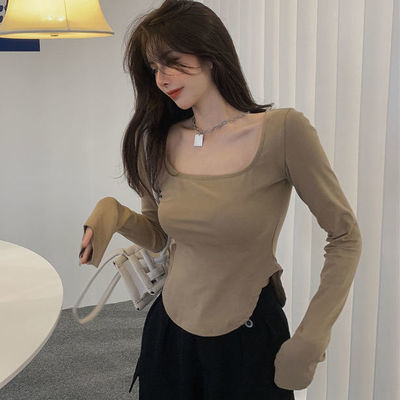 66949/不规则开叉辣妹长袖T恤女夏季2021新款薄款内搭打底衫短款上衣ins
