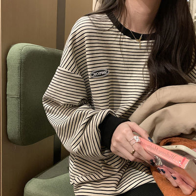 73613/2021新款圆领女春秋卫衣遮屁股中长款外穿韩版宽松薄款慵懒风条纹
