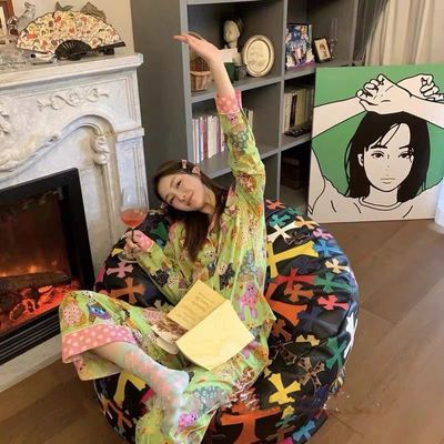 77462/睡衣女春秋周雨彤同款karenmabon卡通印花宠物睡衣套装女士家居服