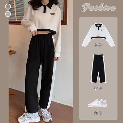 75423/POLO领卫衣套装女2021秋冬新款韩版短款长袖上衣休闲运动裤两件套