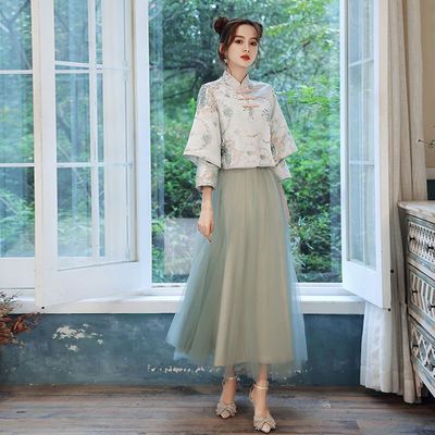 75078/伴娘服中式2021秋冬新款中国风姐妹团长款显瘦合唱演出婚礼晚礼服