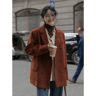 77595/觅定灯芯绒西装外套女秋装2021新款复古设计感小众小个子西服上衣