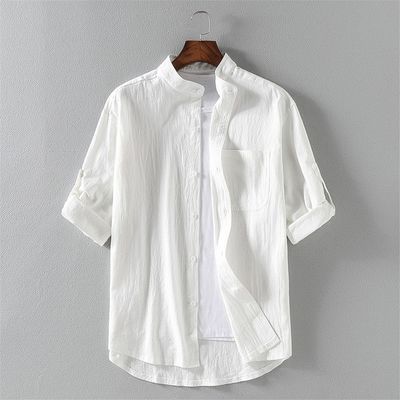 65453/短袖衬衫男士夏季薄款中国风棉麻休闲衬衣宽松大码潮牌棉麻白寸衫