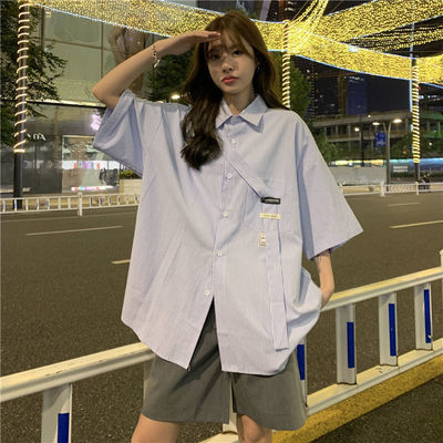 66064/日系风格穿搭韩版港风外套女衬衣薄款盐系穿搭夏条纹短袖衬衫