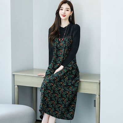 68468/碎花连衣裙2021初秋季新款胖mm显瘦假两件宽松大码印花过膝长裙