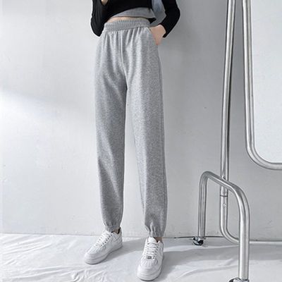 72513/裤子女2021新款大码宽松学生百搭显瘦长裤束脚纯色运动休闲九分裤