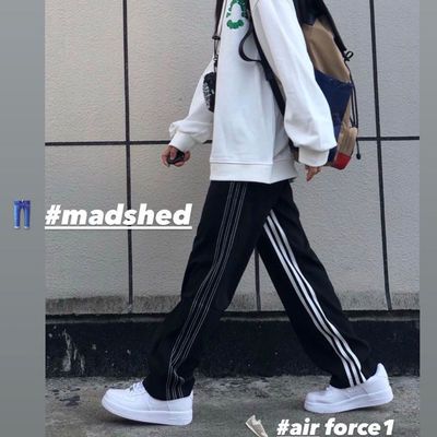 128953/美式hiphop条纹休闲运动裤男潮牌港风宽松垂感百搭黑色直筒跨腿裤