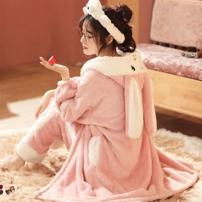 70777/睡衣女秋冬珊瑚绒大码睡袍女法兰绒冬天睡裙女可外穿新款可爱套装