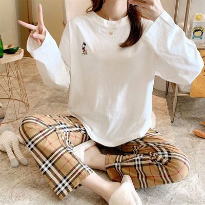 66348/睡衣家居服套装女式春秋可外穿大码长袖宽松舒适印花熊格子圆领棉