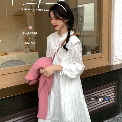 71547/网红白色仙女连衣裙薄款早春秋冬新款温柔风法式雪纺防晒长袖长裙