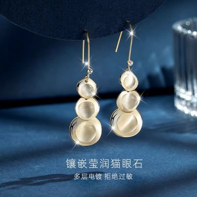 64532/防过敏豌豆猫眼石耳环2021年新款18K包金红平安锁耳坠耳饰女