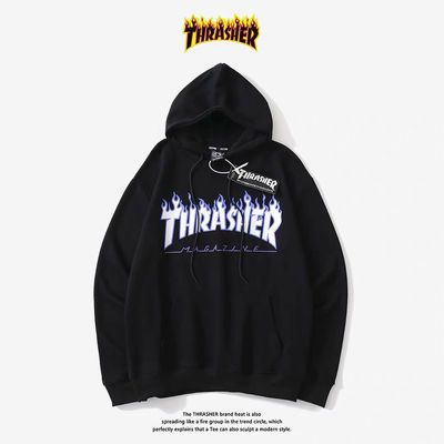 71920/欧美Thrasher经典火焰字母男女长袖连帽卫衣宽松运动休闲情侣帽衫