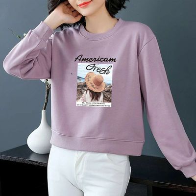 70372/100%纯棉秋冬新款长袖卫衣女短款高腰韩版宽松显瘦百搭圆领上衣潮