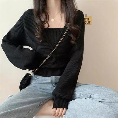 70241/春夏秋新款设计感假两件方领打底衫短款百搭毛衣泡泡袖针织衫女装