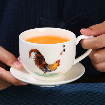 带把鸡缸杯主人杯茶杯单杯羊脂玉瓷个人品茗杯杯垫单功夫茶具陶瓷