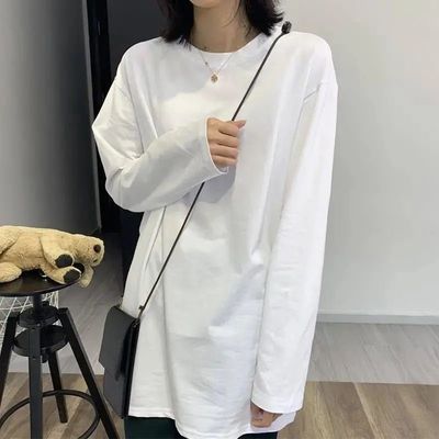 66372/100%纯棉纯白长袖T恤女学生宽松打底衫2021新款韩版初秋内搭上衣