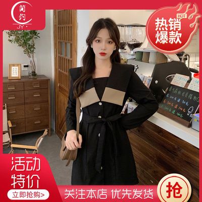 67770/秋季新款法式大码连衣裙气质高级感赫本风收腰显瘦海军领黑色短裙